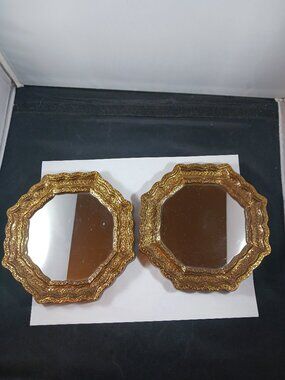 Vintage 2 Burwood GoldTone Octagon Mirrors Wall Hanging MCM Hollywood Regency
